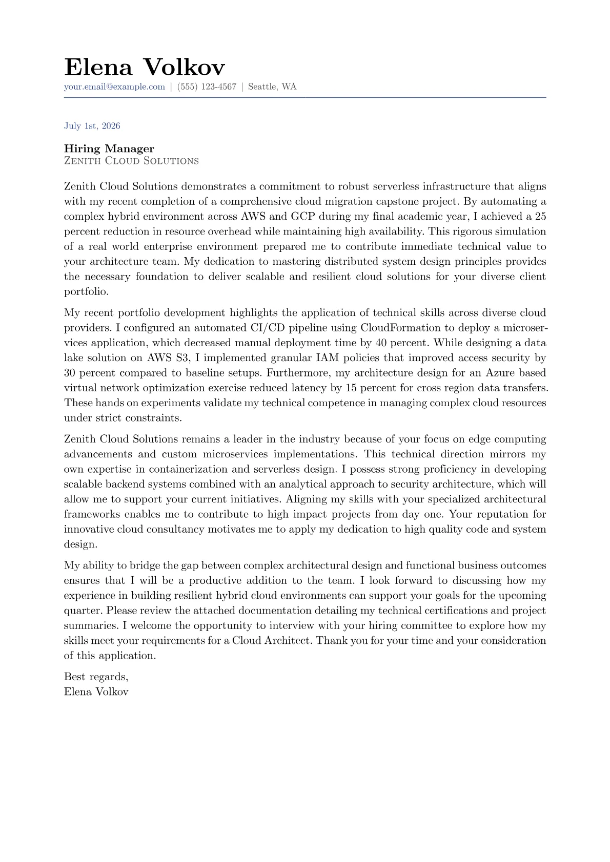 Cloud Architect cover letter in the Classic design