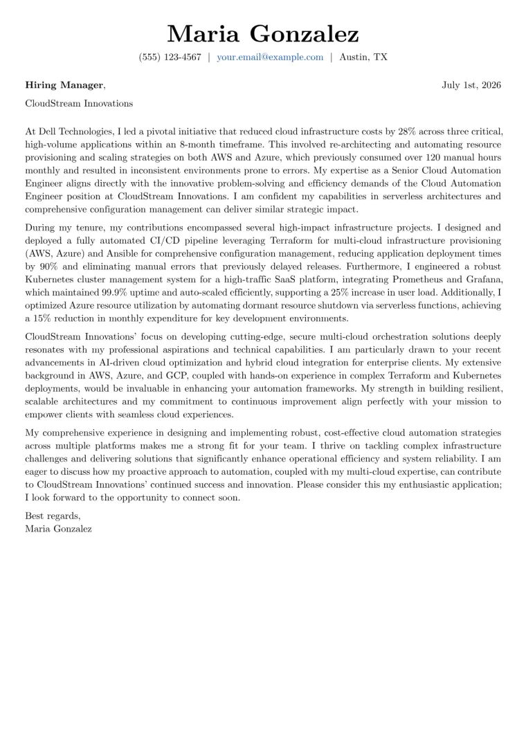 Cloud Automation Engineer cover letter example preview