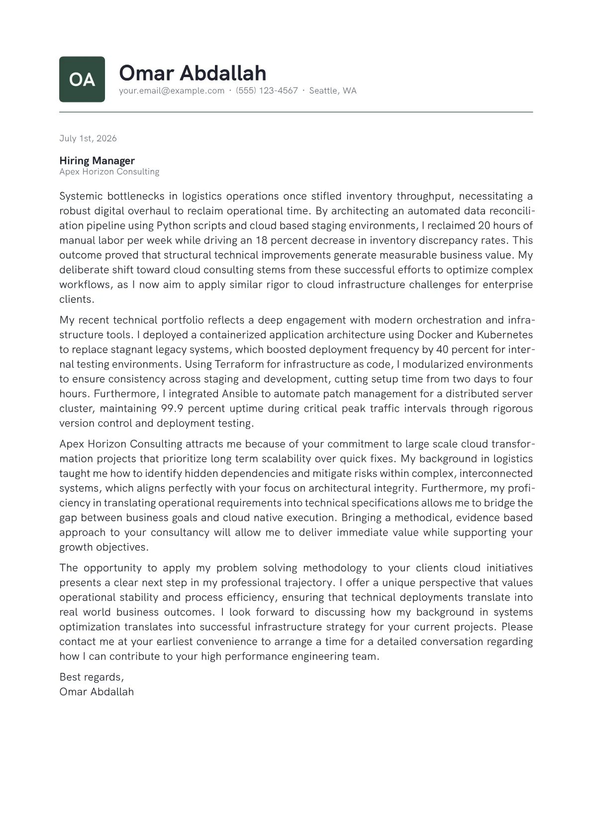 Cloud Consultant cover letter in the Emblem design
