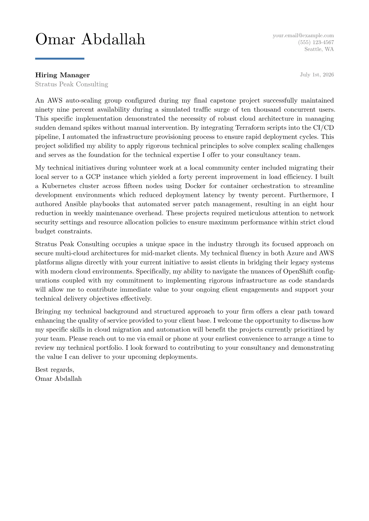 Cloud Consultant cover letter in the Executive design