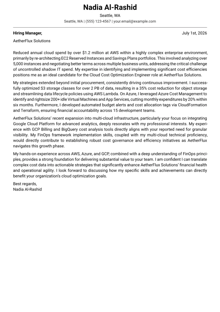 Cloud Cost Optimization Engineer cover letter example preview