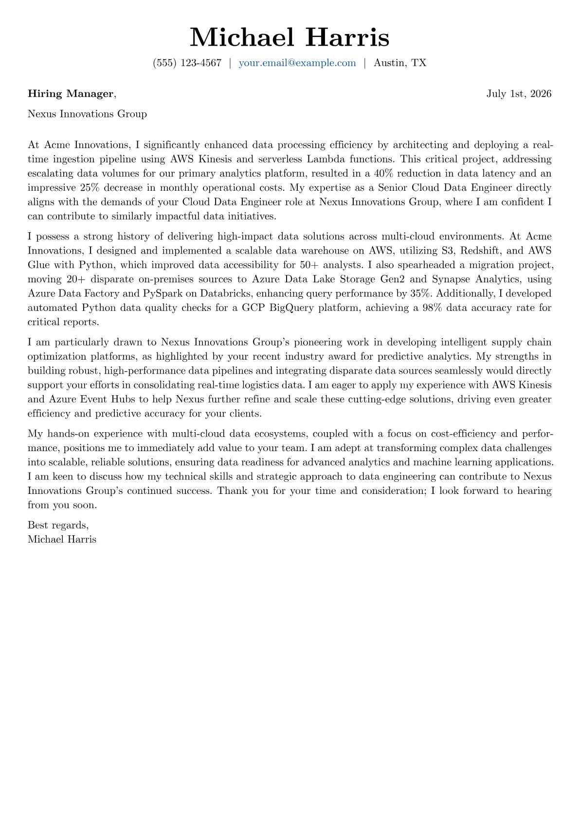 Cloud Data Engineer cover letter formatted with a JobSprout template