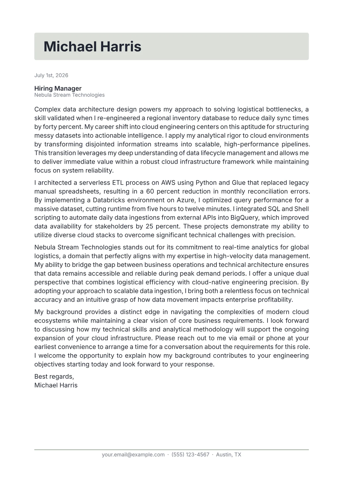 Cloud Data Engineer cover letter formatted with a JobSprout template