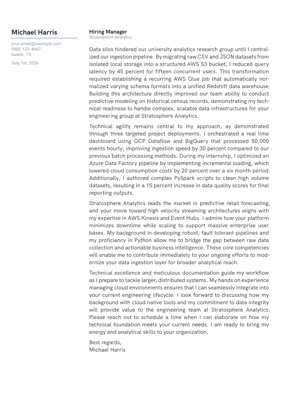 Cloud Data Engineer cover letter formatted with a JobSprout template