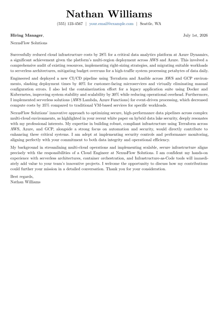 Cloud Engineer Cover Letter Example