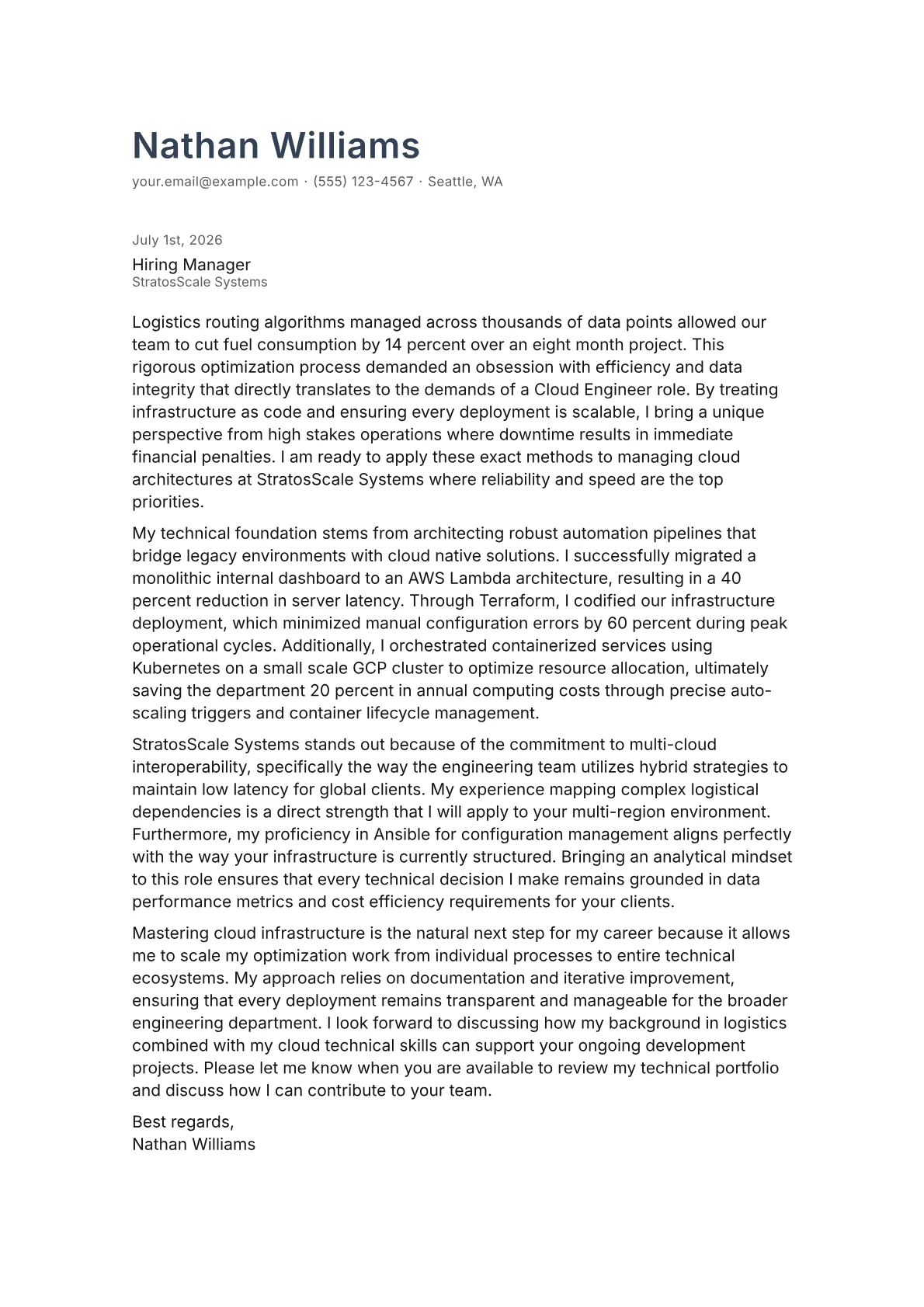Cloud Engineer cover letter in the Minimal design