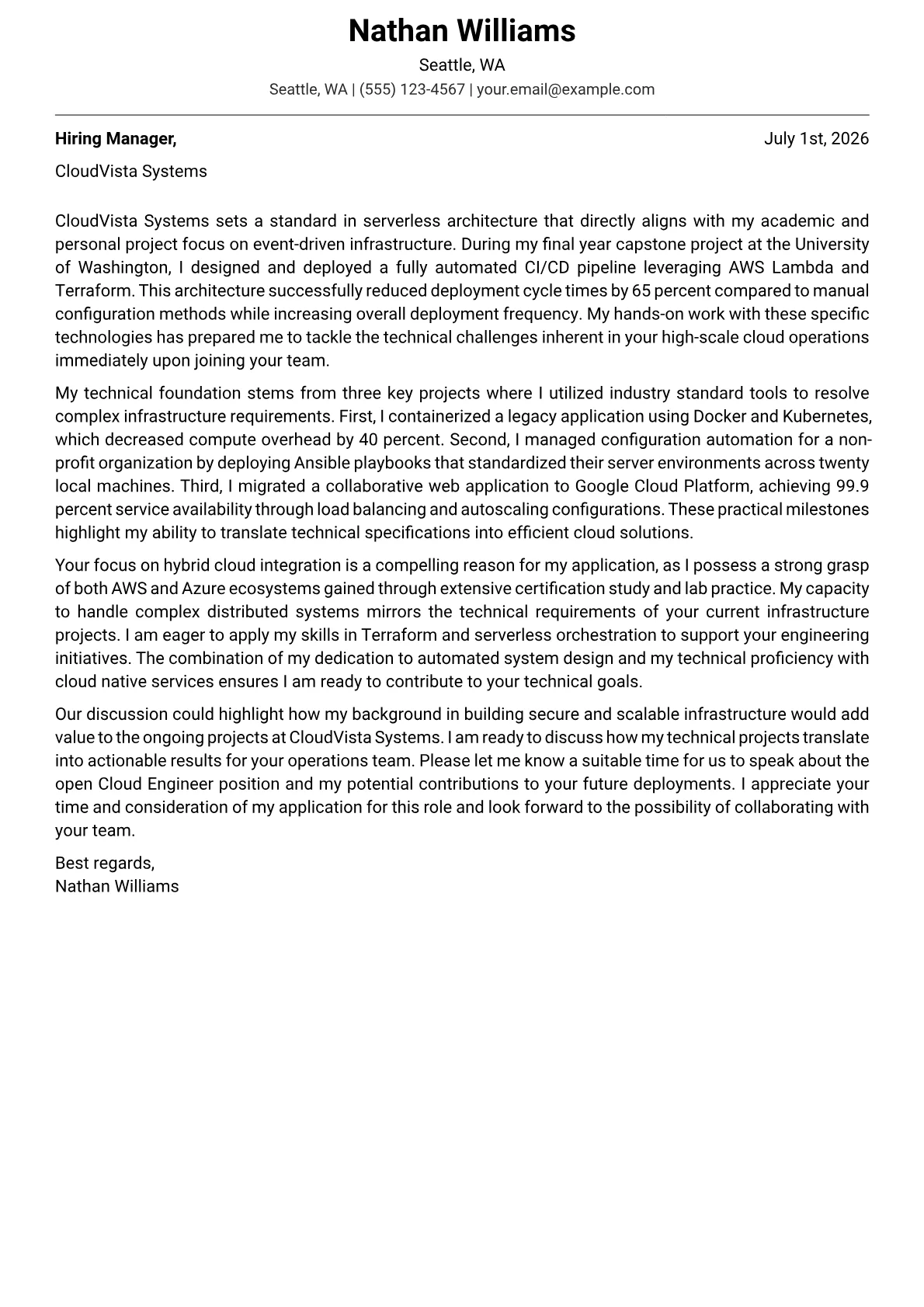 Cloud Engineer cover letter in the Modern design