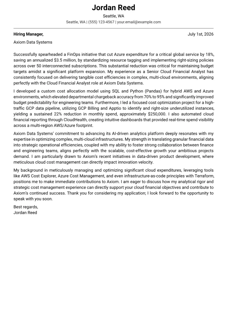 Cloud Financial Analyst cover letter example preview