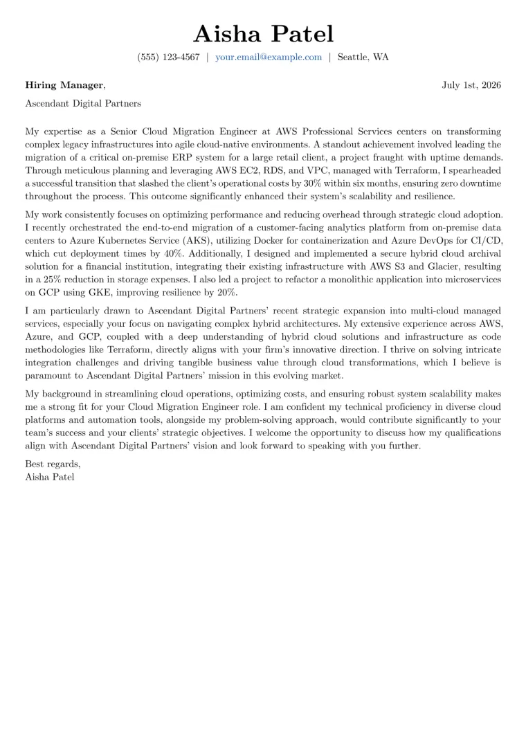 Cloud Migration Engineer cover letter example preview
