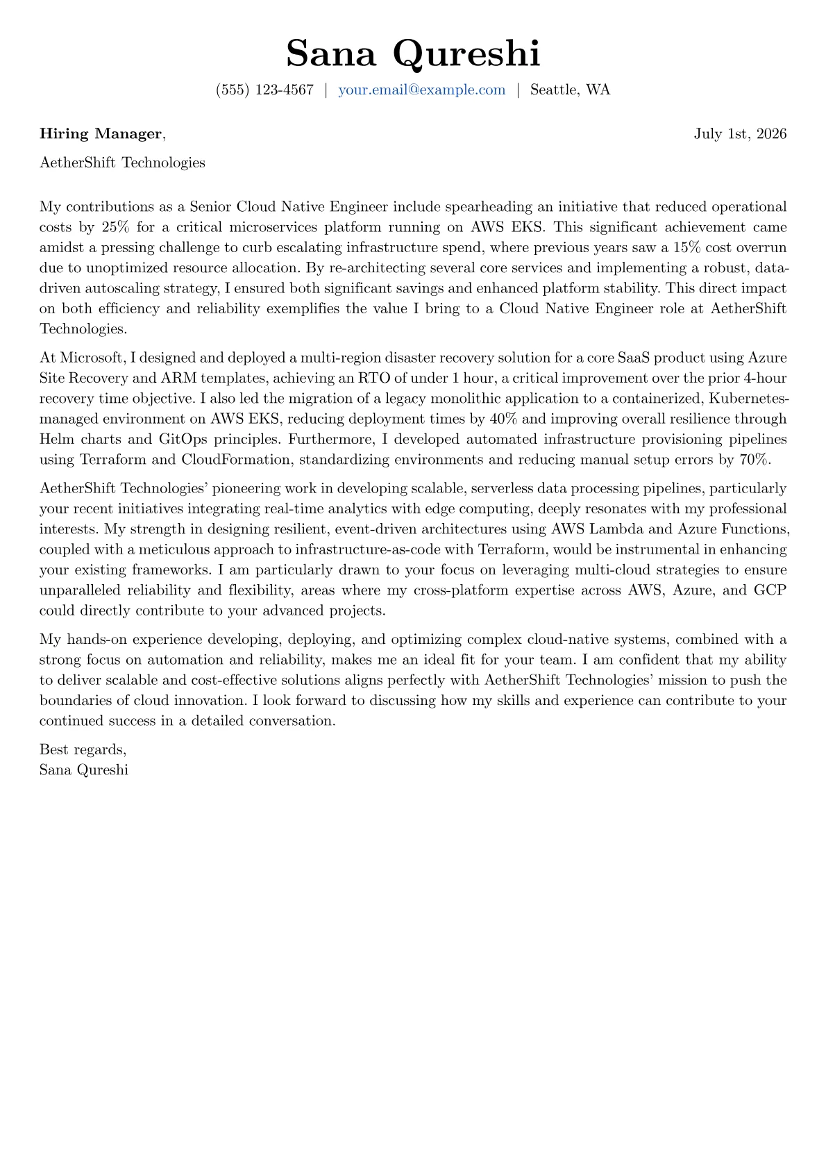 Cloud Native Engineer cover letter formatted with a JobSprout template