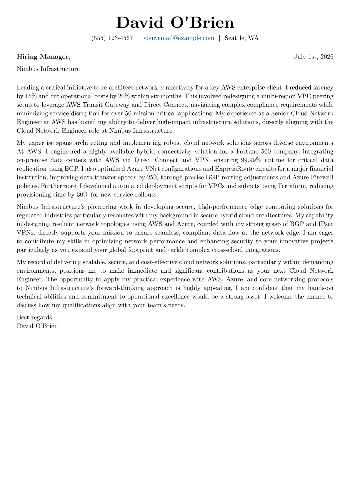 Cloud Network Engineer cover letter formatted with a JobSprout template