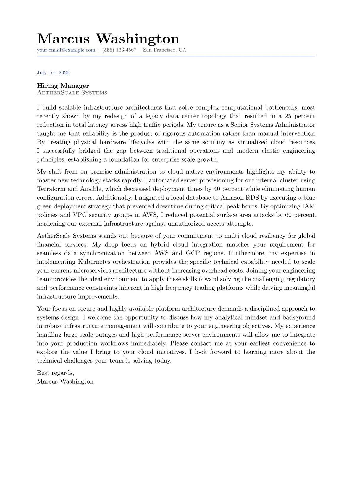 Cloud Platform Engineer cover letter in the Classic design