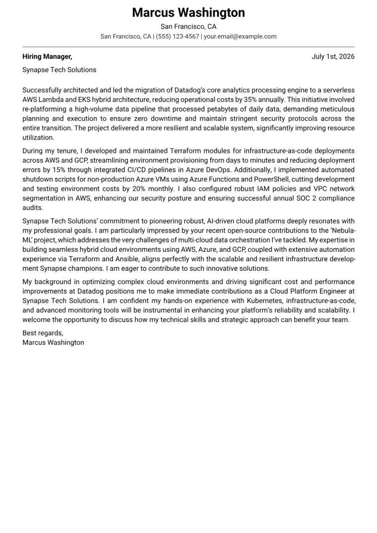 Cloud Platform Engineer cover letter example