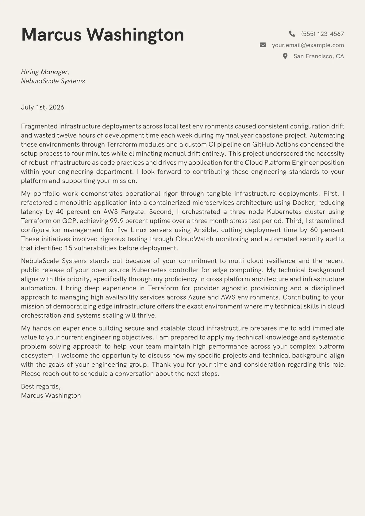 Cloud Platform Engineer cover letter in the Creative design