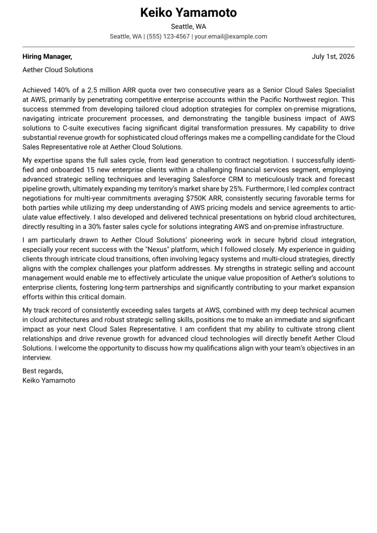 Cloud Sales Representative cover letter example