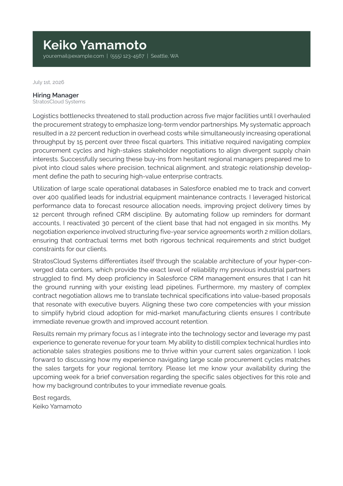 Cloud Sales Representative cover letter in the Banner design
