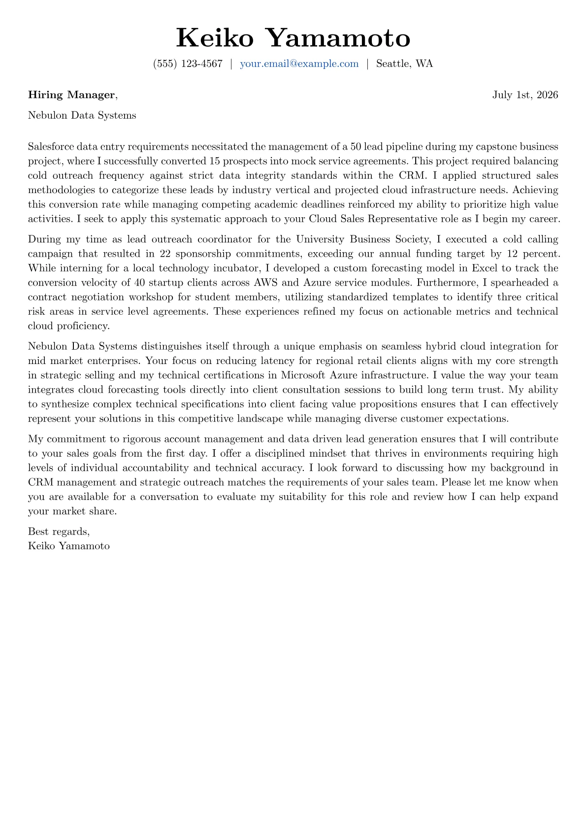 Cloud Sales Representative cover letter in the Basic design