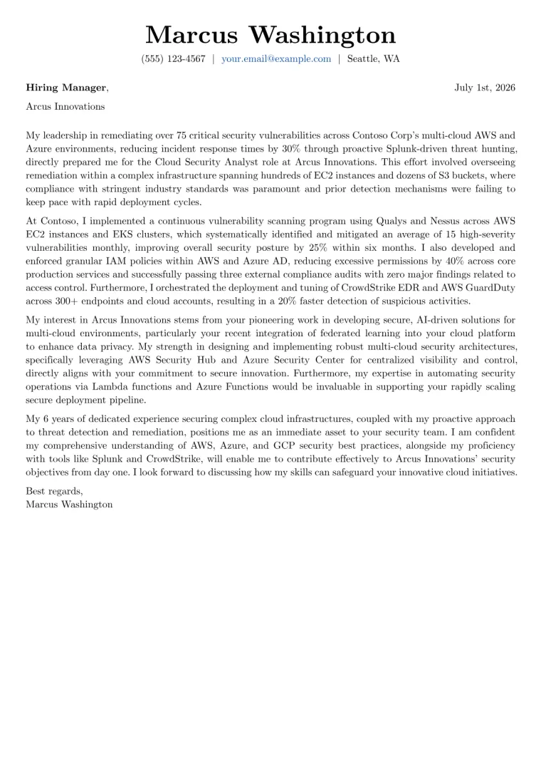 Cloud Security Analyst cover letter example preview