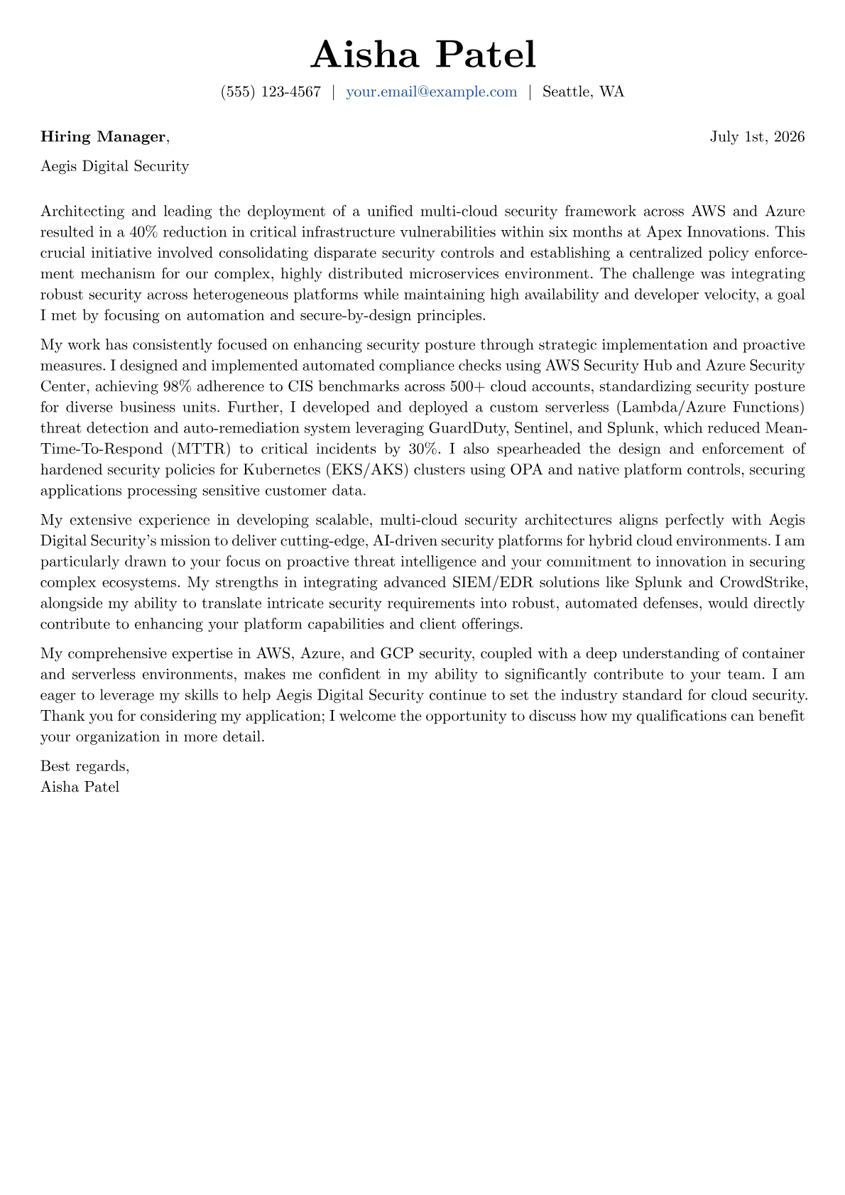Cloud Security Architect cover letter formatted with a JobSprout template