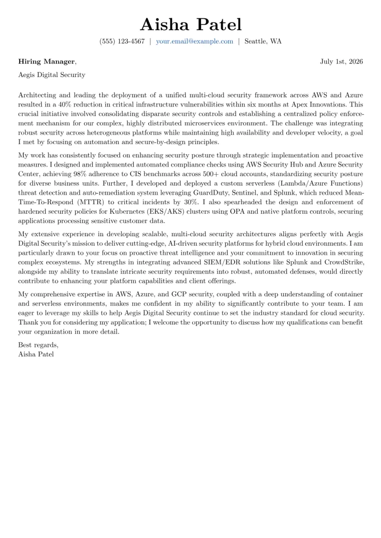 Cloud Security Architect cover letter example preview