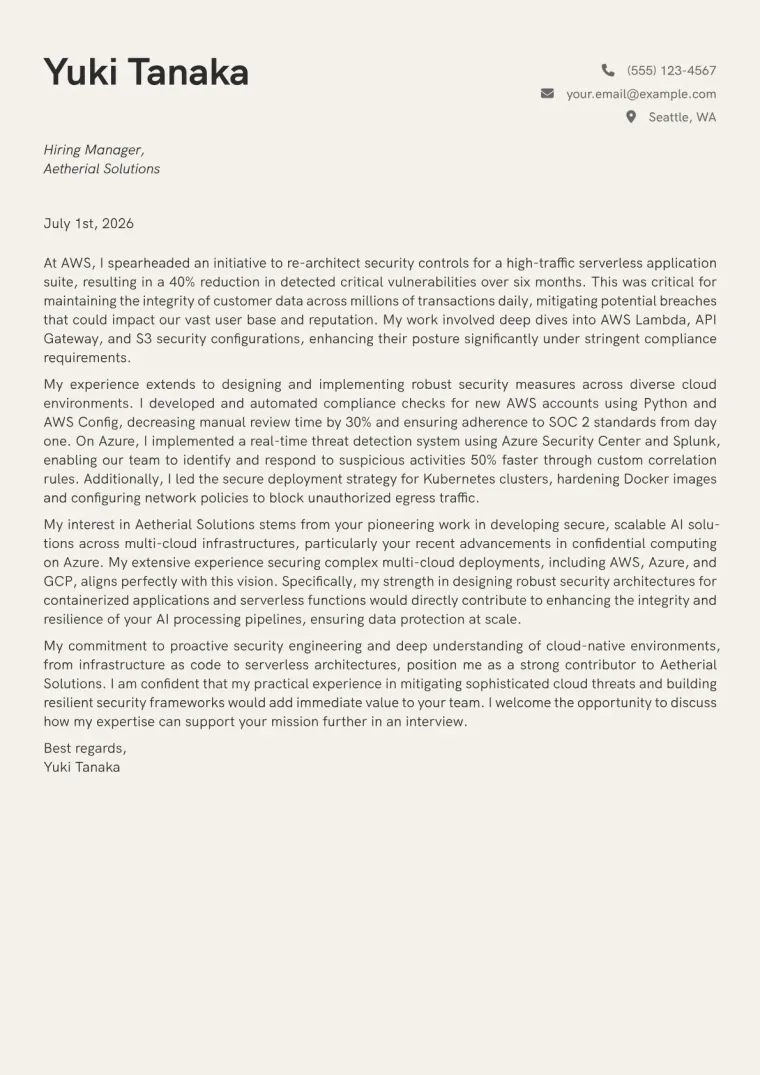Cloud Security Engineer Cover Letter Example