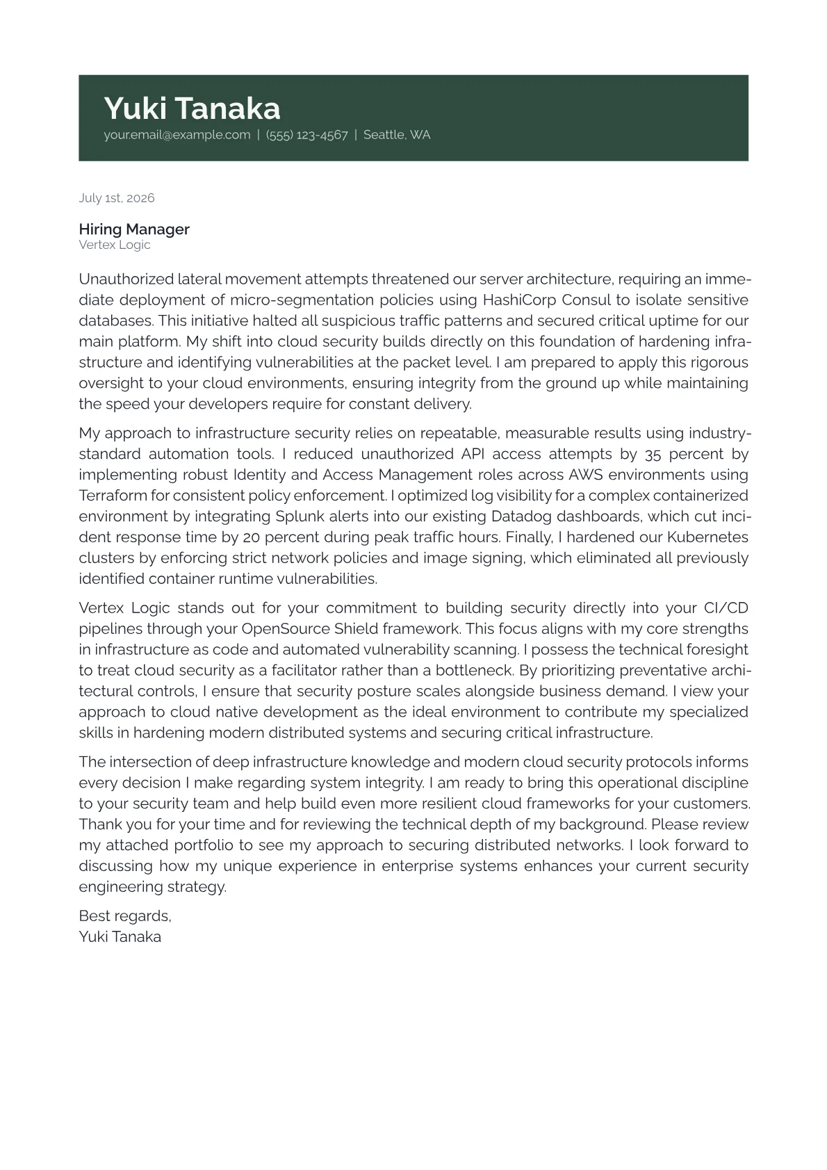 Cloud Security Engineer cover letter in the Banner design