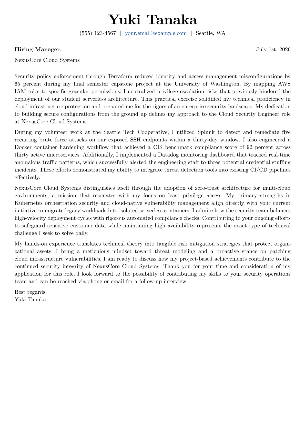Cloud Security Engineer cover letter in the Basic design