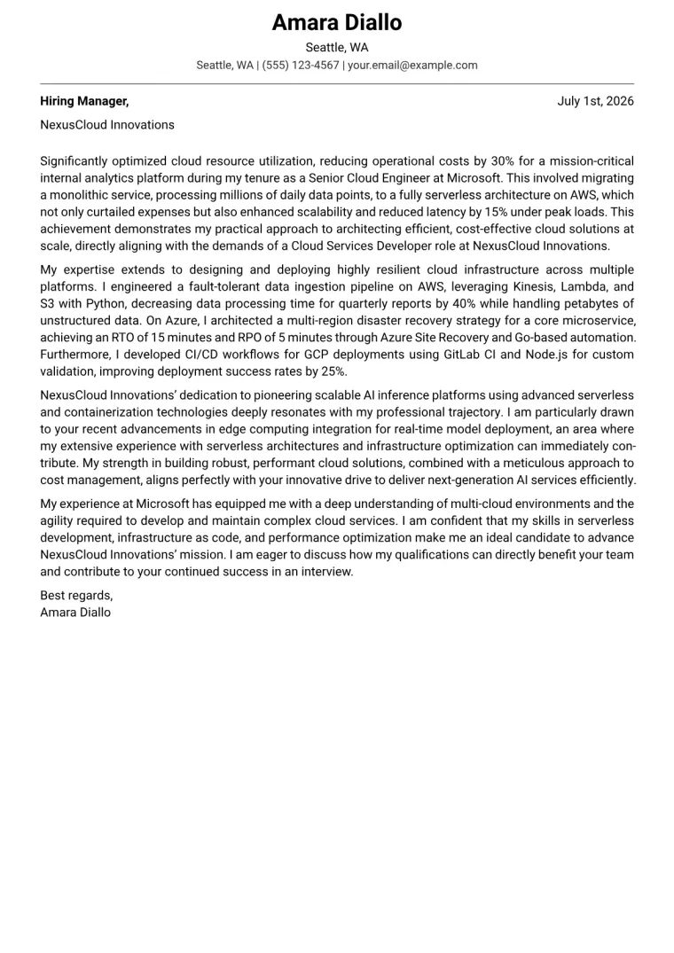 Cloud Services Developer cover letter example preview