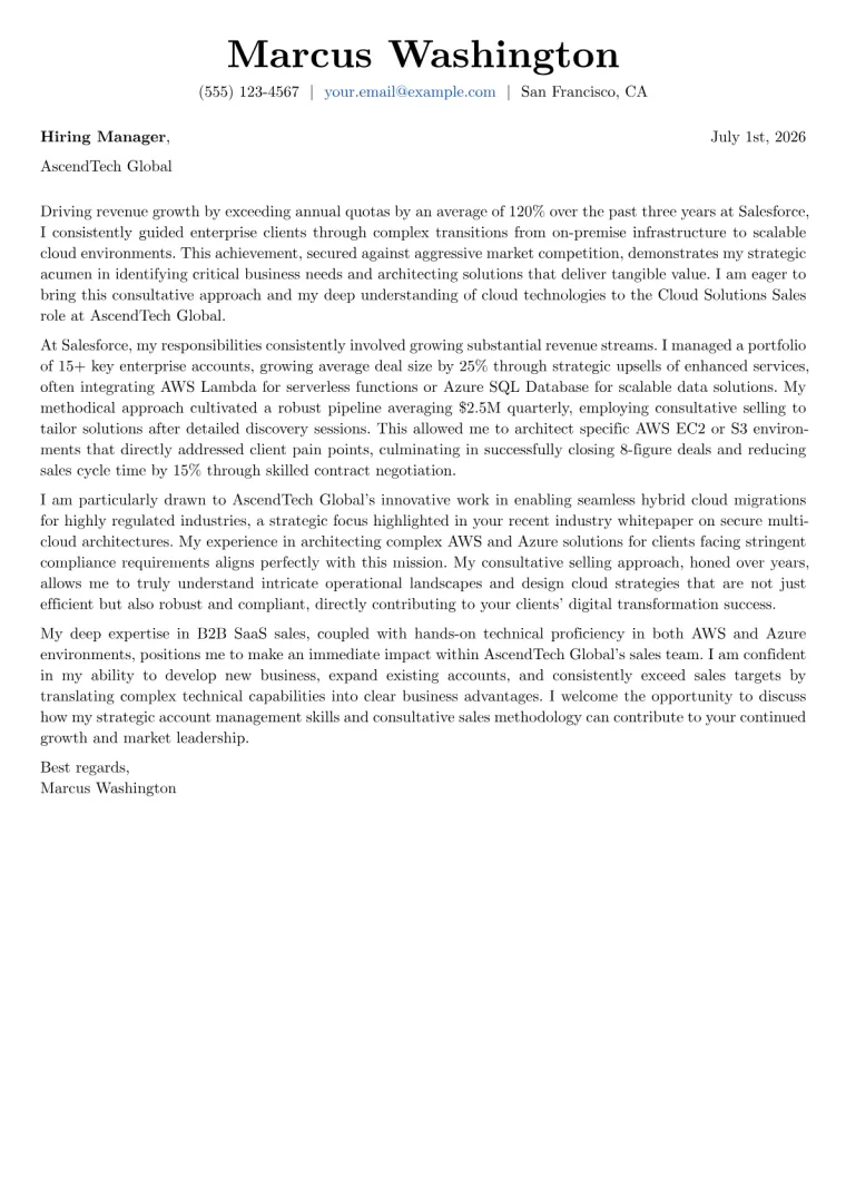 Cloud Solutions Sales cover letter example preview