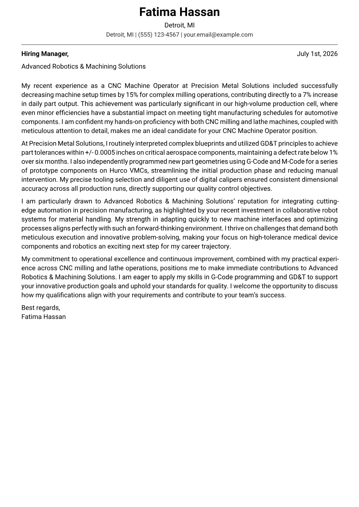 CNC Machine Operator cover letter formatted with a JobSprout template