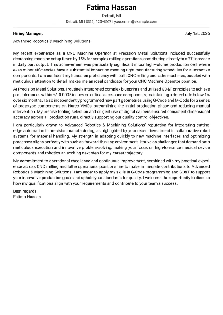 CNC Machine Operator cover letter example preview
