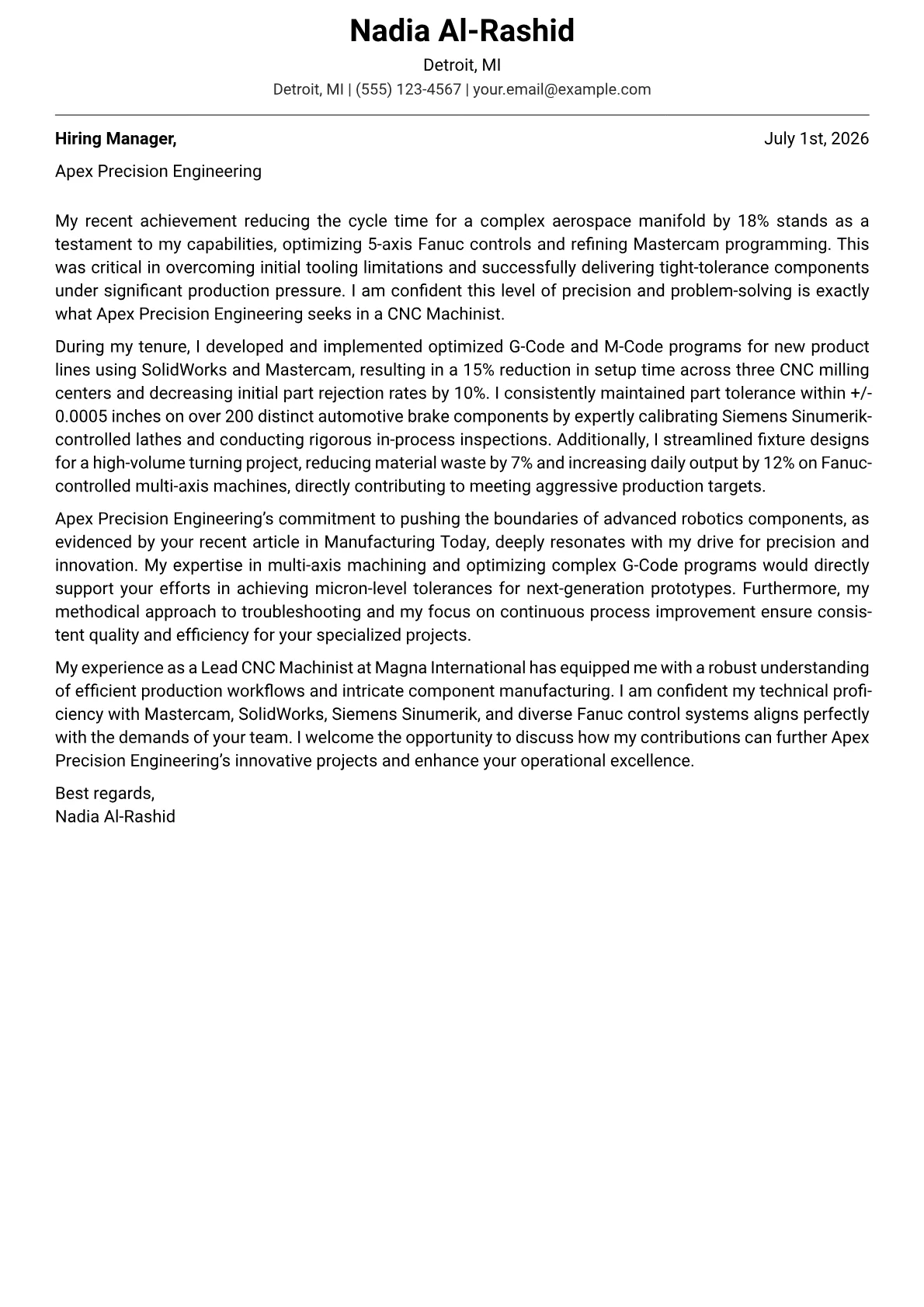 CNC Machinist cover letter formatted with a JobSprout template