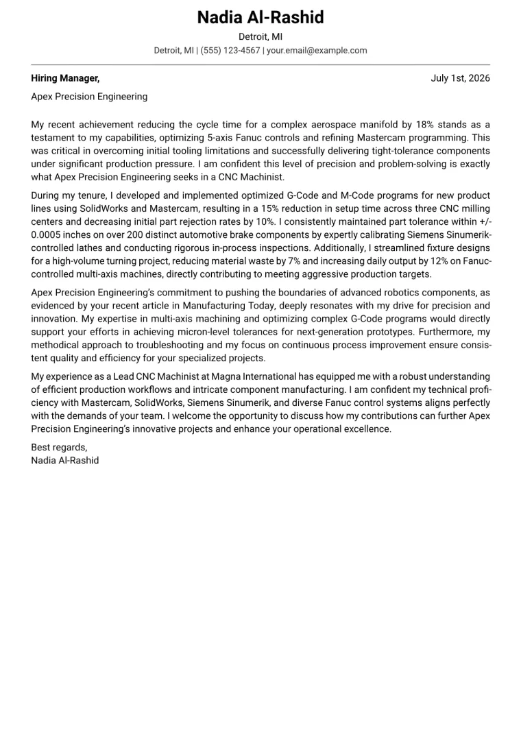 CNC Machinist cover letter example preview