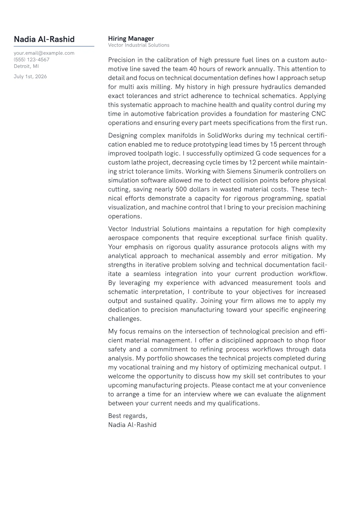 CNC Machinist cover letter in the Margin design