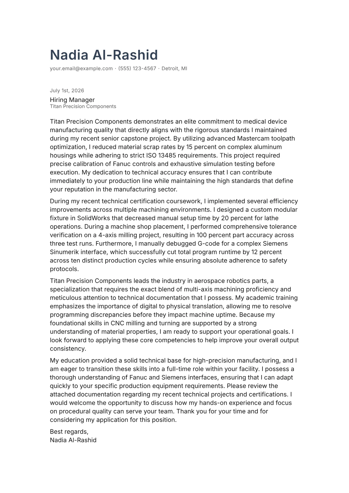 CNC Machinist cover letter in the Minimal design