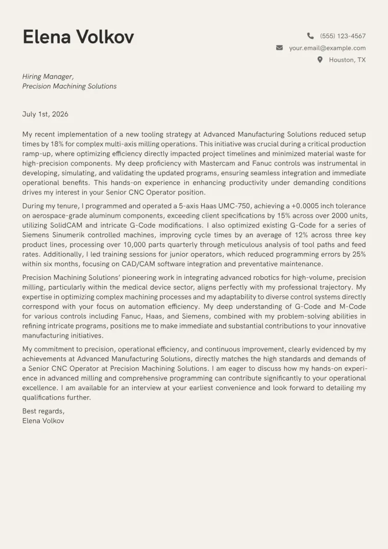 CNC Operator Cover Letter Example