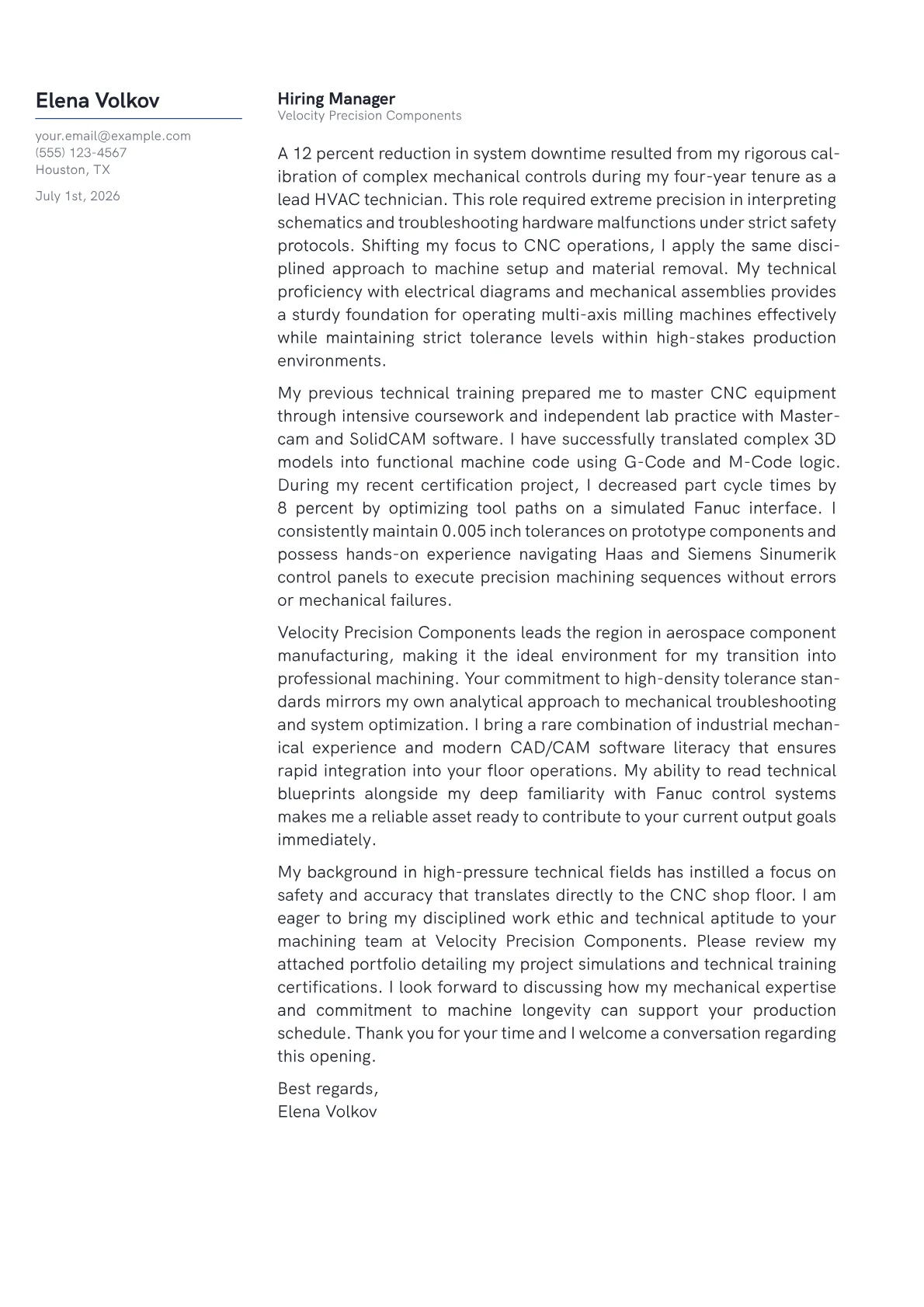 CNC Operator cover letter in the Margin design