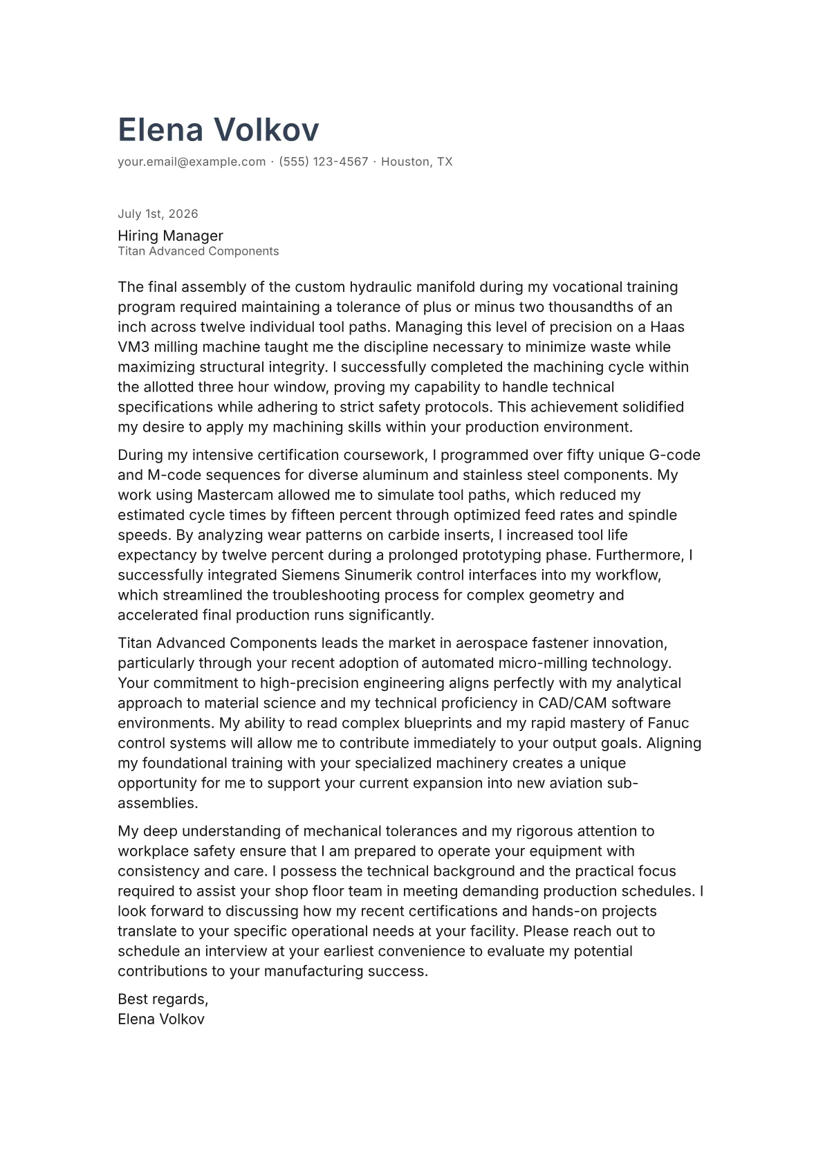 CNC Operator cover letter in the Minimal design