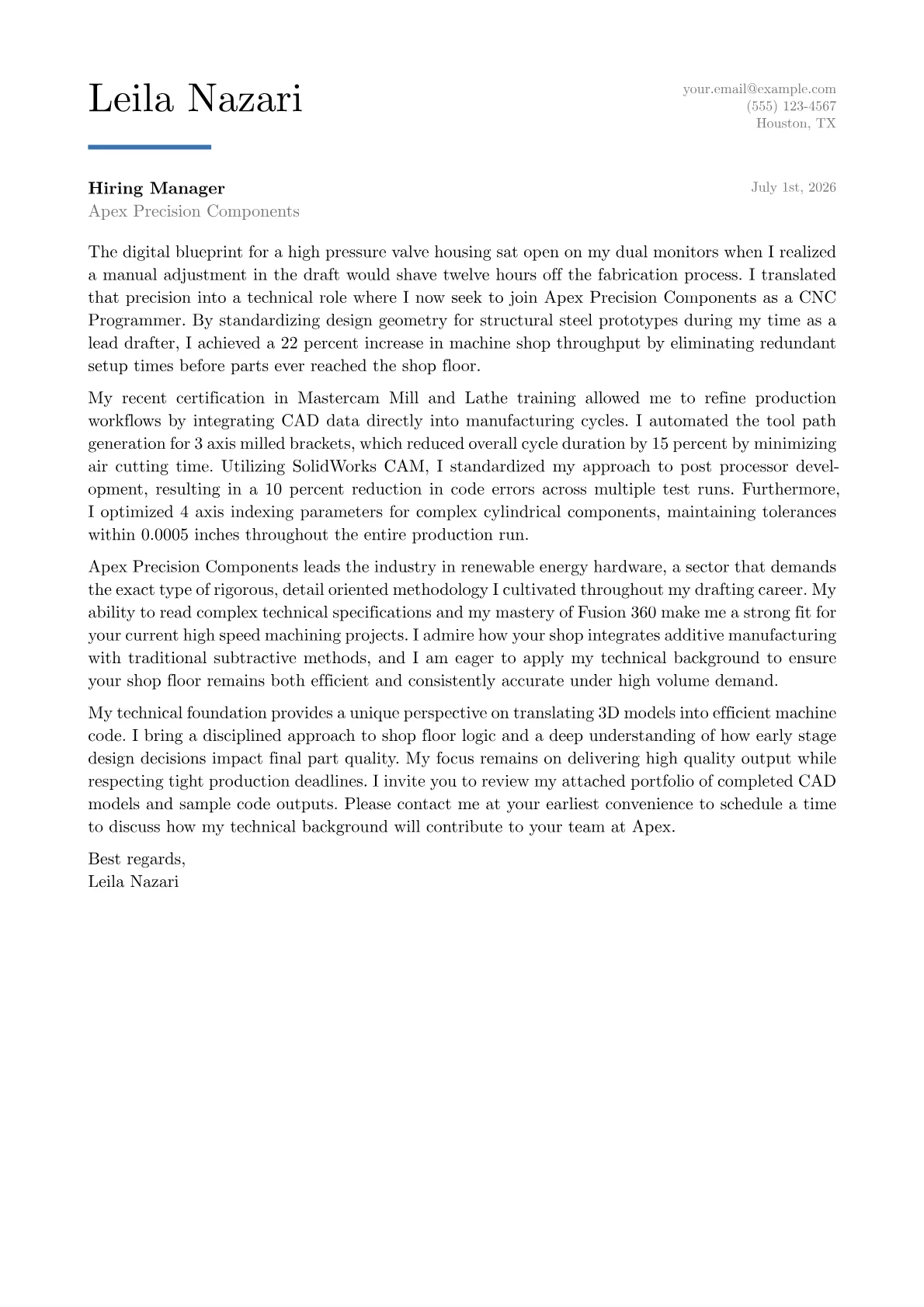 CNC Programmer cover letter in the Executive design