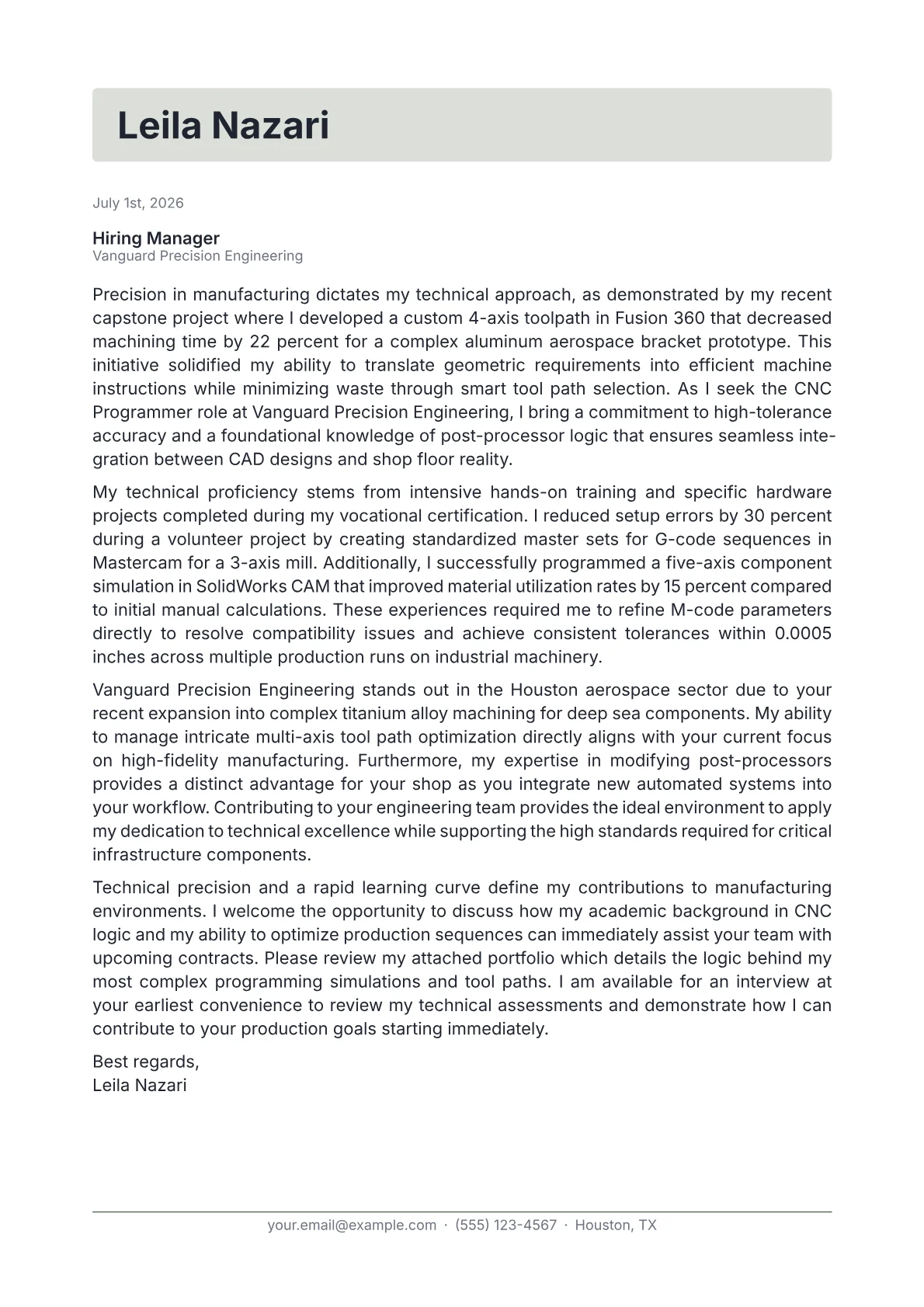 CNC Programmer cover letter in the Letterhead design