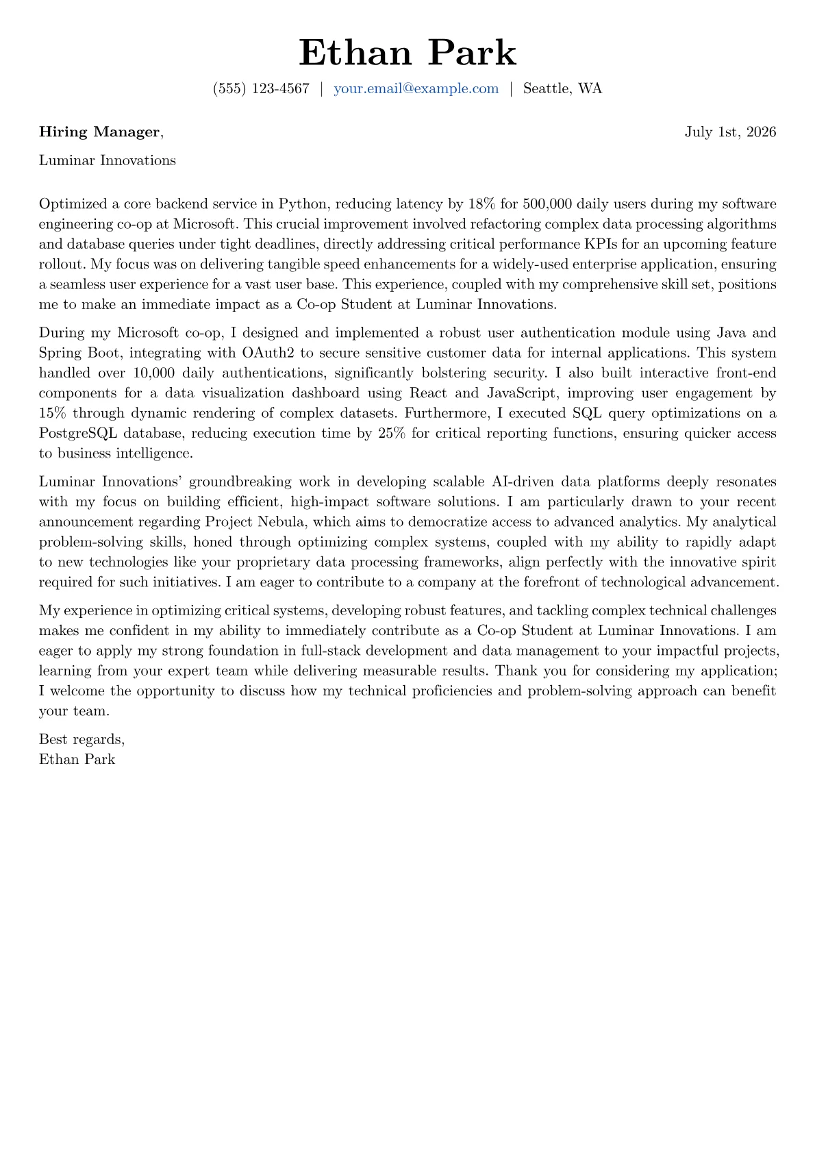 Co-op Student cover letter formatted with a JobSprout template