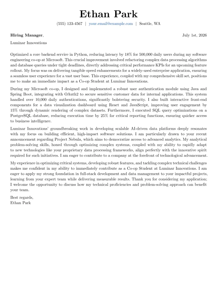 Co-op Student cover letter example preview