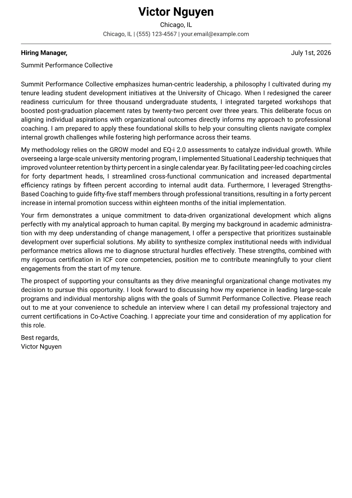Coach cover letter in the Modern design
