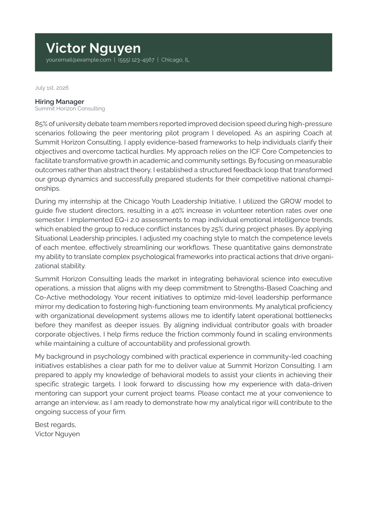 Coach cover letter in the Banner design
