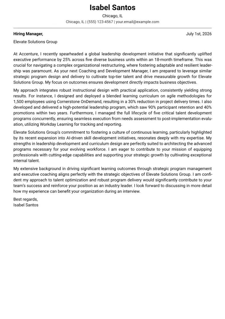 Coaching and Development Manager cover letter example preview