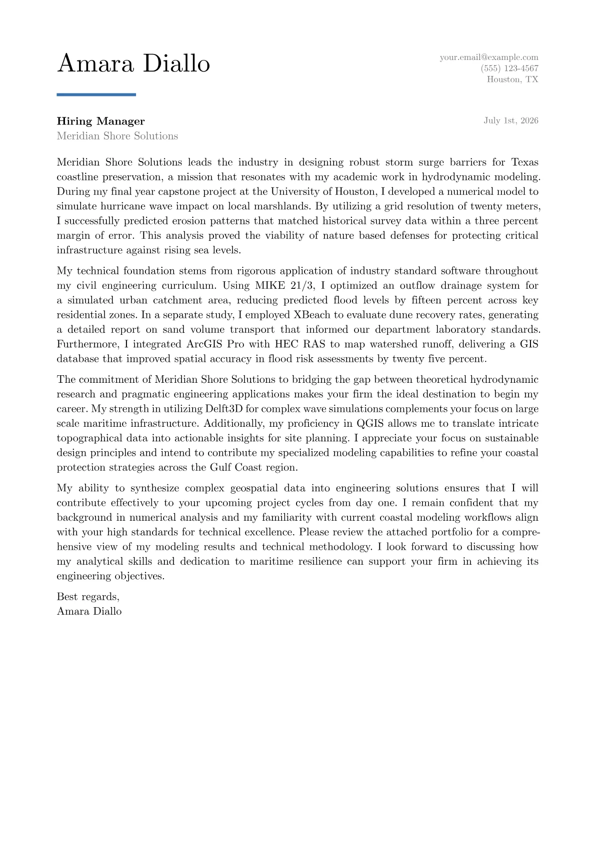 Coastal Engineer cover letter in the Executive design