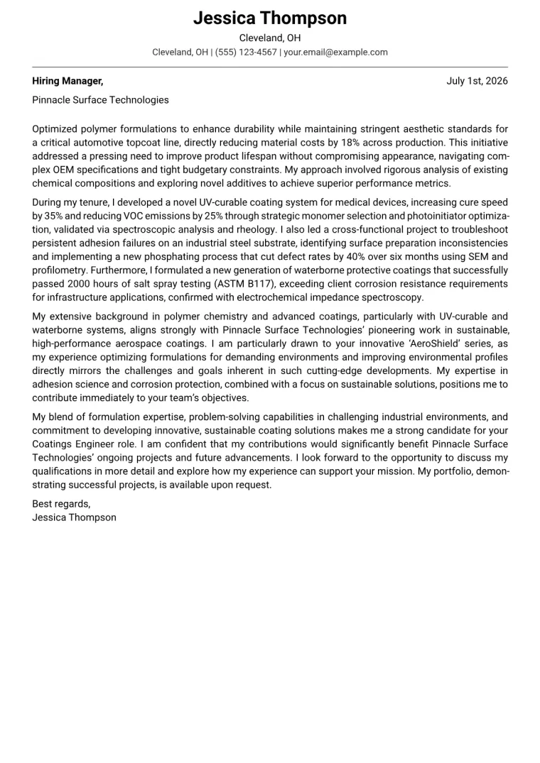 Coatings Engineer cover letter example preview