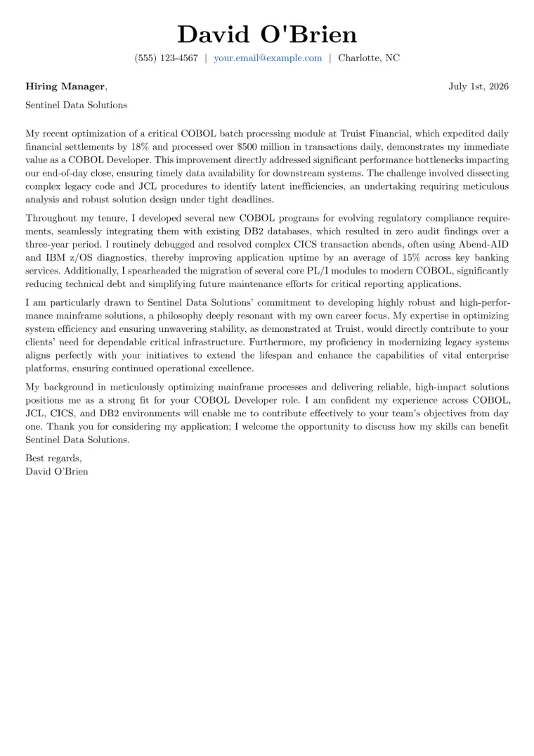 COBOL Developer cover letter example preview