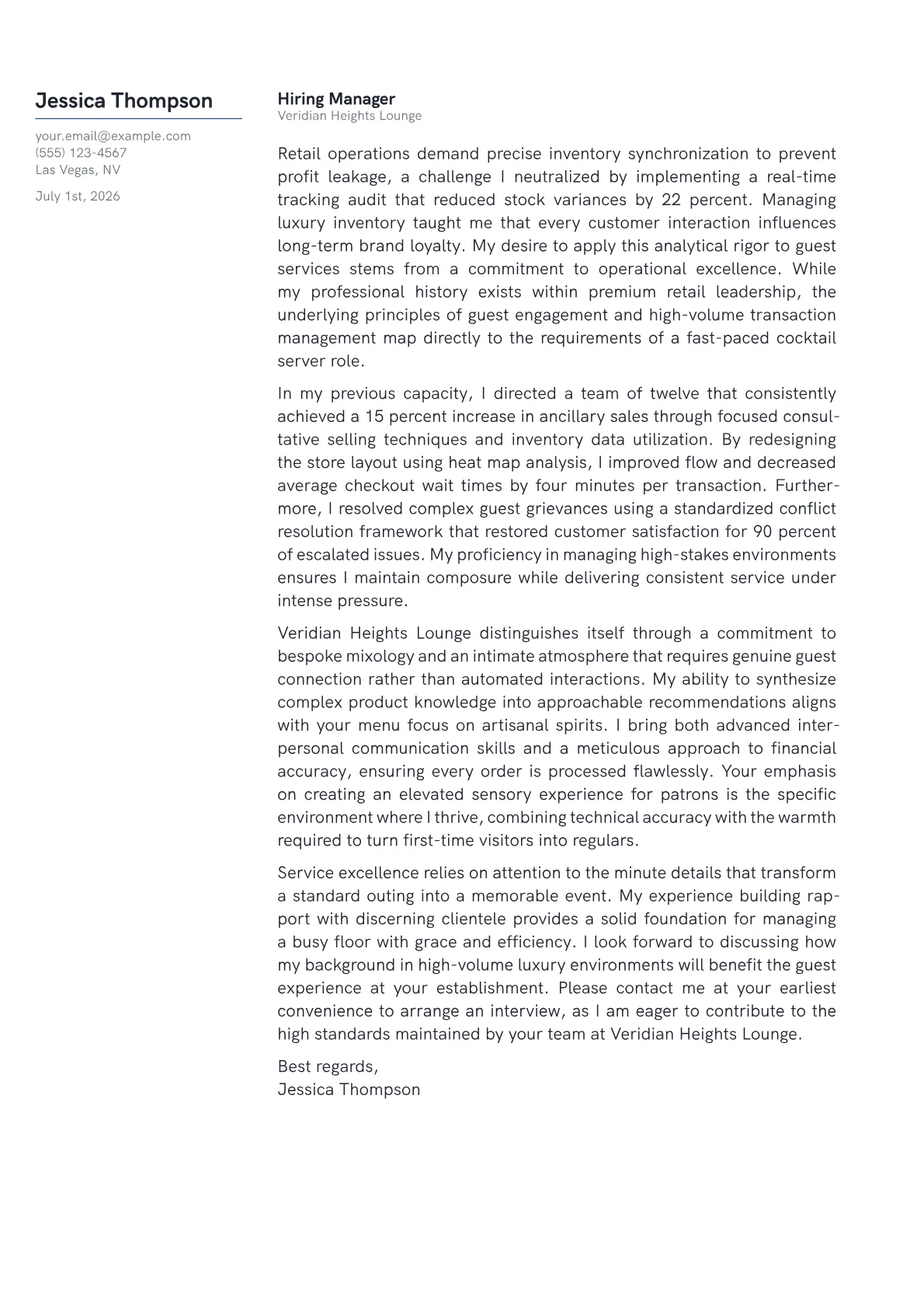 Cocktail Server cover letter in the Margin design