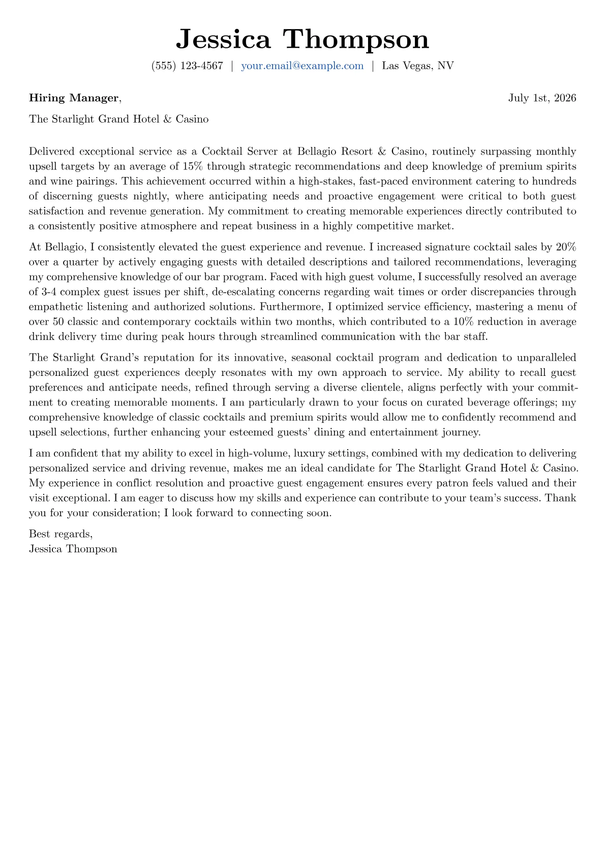 Cocktail Server cover letter formatted with a JobSprout template